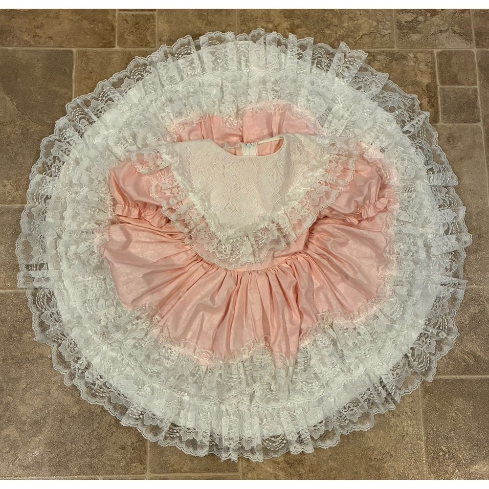 Vintage Pink Full Circle Ruffled Lace Party Dress Girls Sz‎ 5 Aurora's Creations